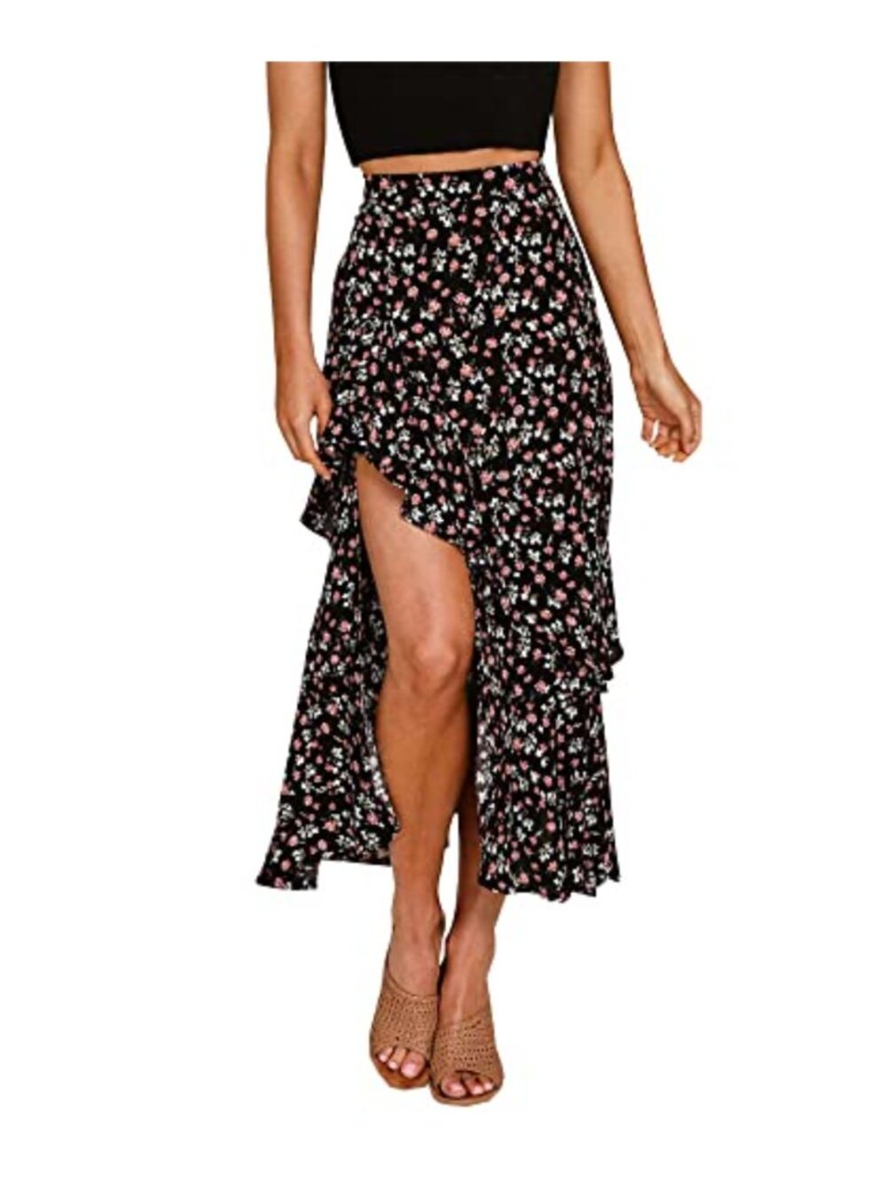 Women Floral High Low Maxi Skirt Elastic Waist Side Split Ruffle Boho